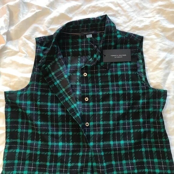 Tommy Hilfiger Sleeveless Plaid Blouse Dark Academia & Y2K Preppy Style - Picture 6 of 11